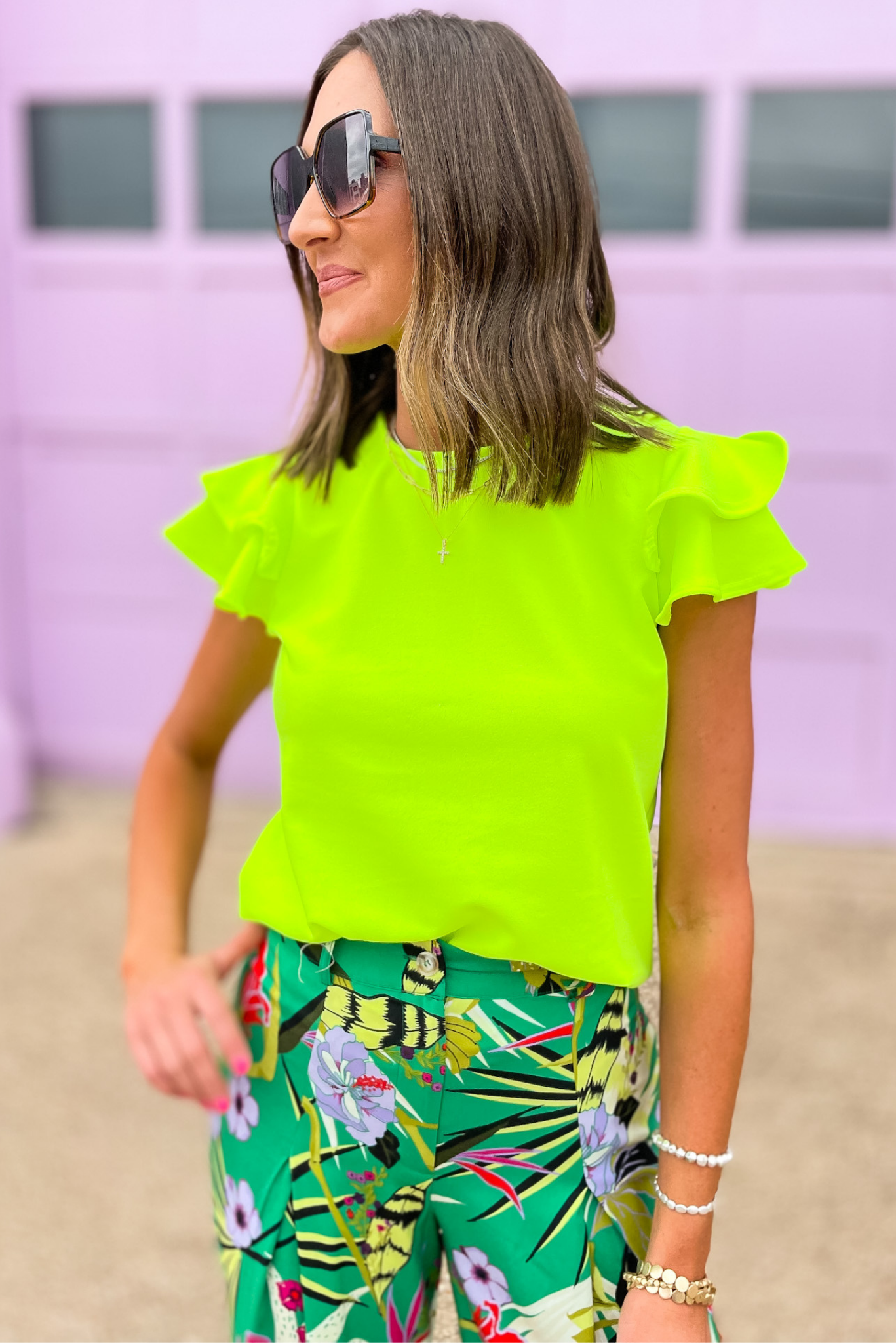 Load image into Gallery viewer, Neon Green Flare Ruffle Layer Short Sleeve Top, flutter sleeve, layered top, neon green, neon top, summer top, tropical pants, shop style your senses by mallory fitzsimmons
