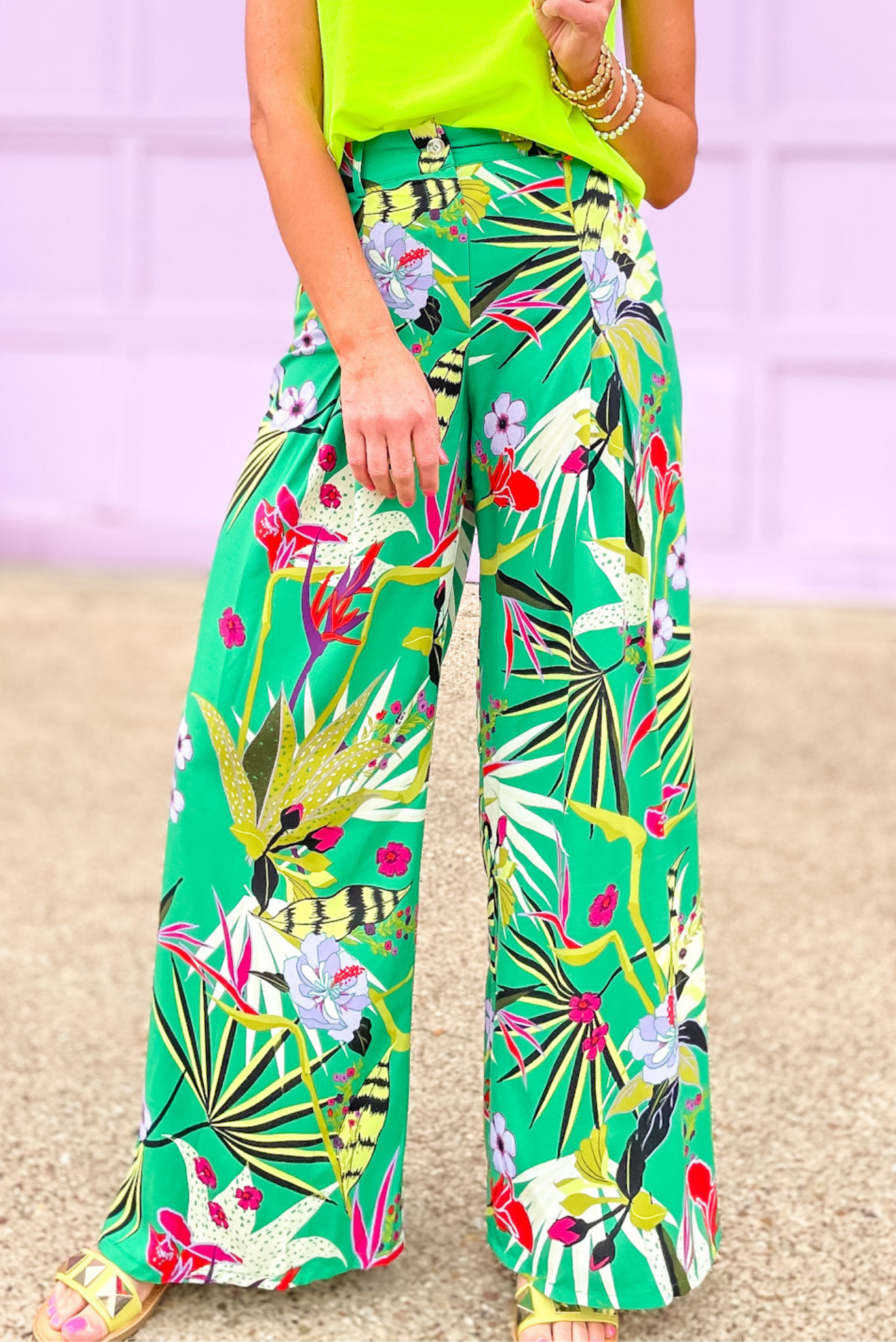 Load image into Gallery viewer, Green Tropical Printed Pleated Wide Leg Pants, tropical pants, pants, green flowy pants, floral, printed pants, wide leg pants, shop style your senses by mallory fitzsimmons

