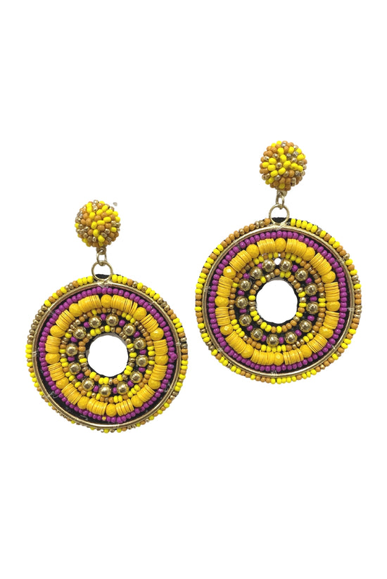 Load image into Gallery viewer, Yellow and Purple Beaded Round Dangle Earrings*FINAL SALE*
